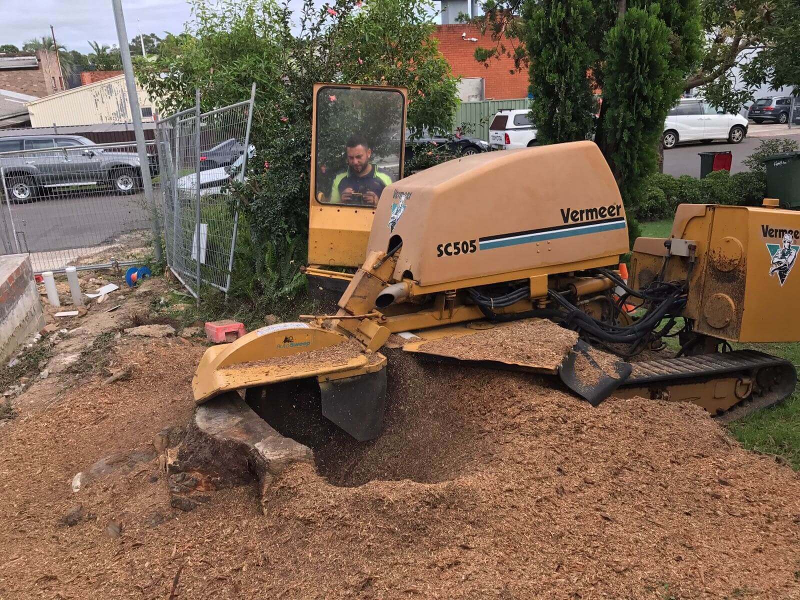 Tracked stump grinder removing a large stump from a Sydney residential property